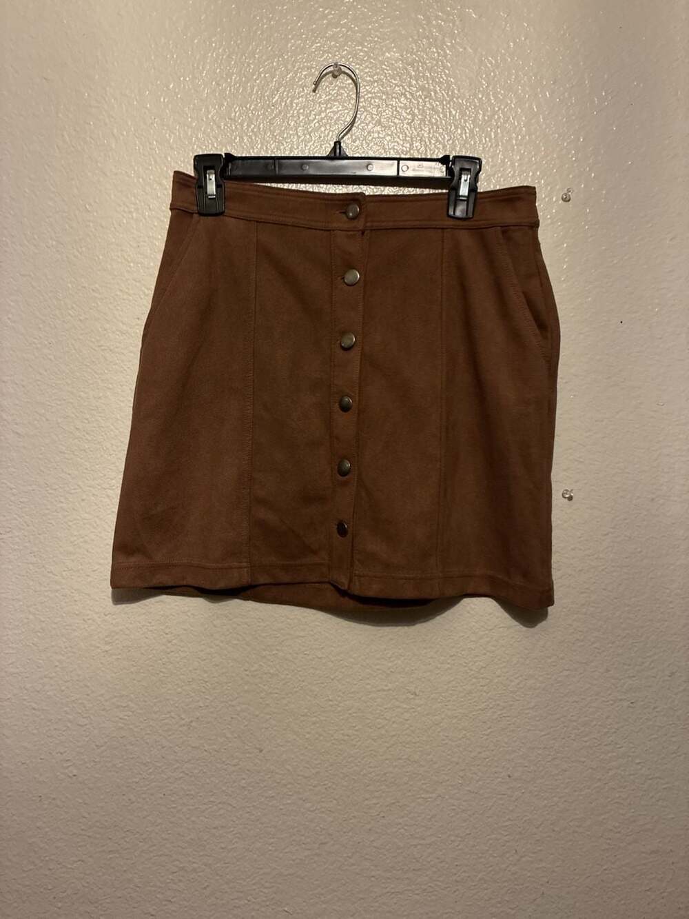 14th & Union Brown Faux Suede Button-Front Mini Skirt